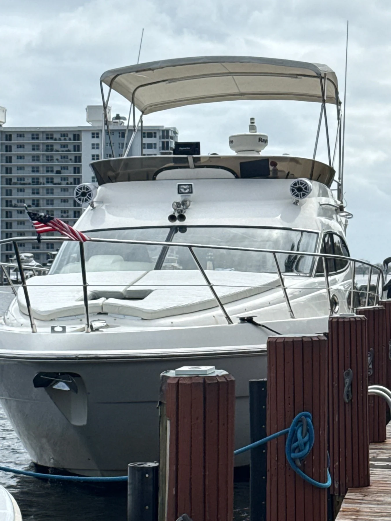 Joaquín yacht viewed from the bow at the dock